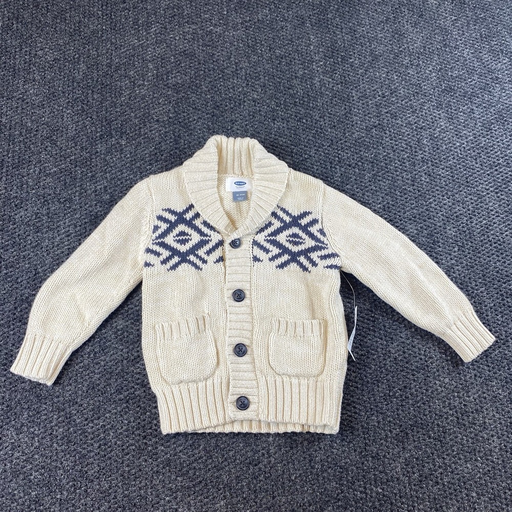 Old Navy Toddler Boys Shawl Collar Cardigan Sweater 18-24M Cream Geometric